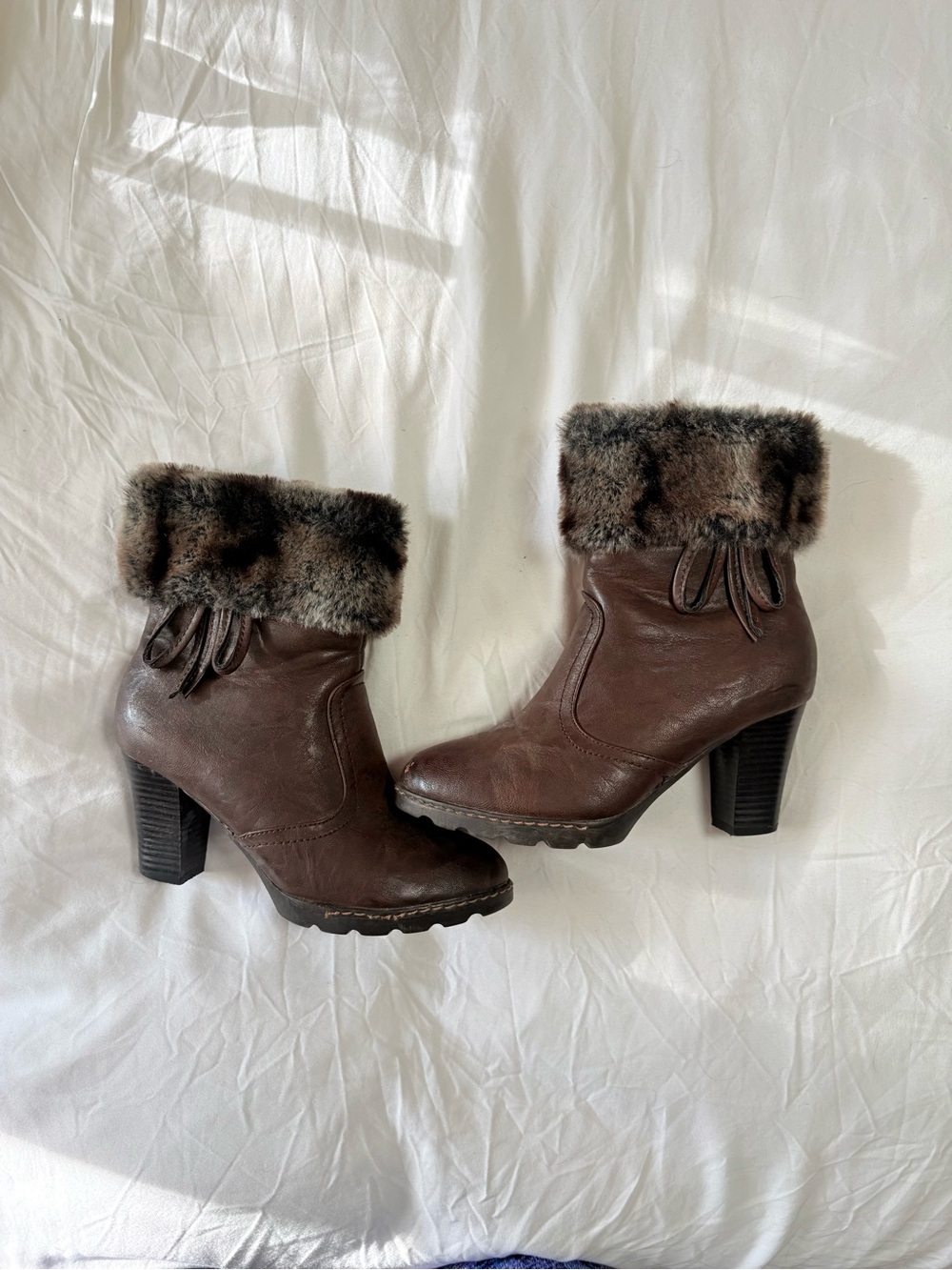 SL Fashions Brown Faux Fur Cuff Heeled Ankle Boots - Picture 2 of 5
